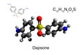 Chemical formula, structural formula and 3D ball-and-stick model of an antimicrobial dapsone, white background