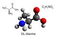 Chemical formula, structural formula and 3D ball-and-stick model of DL-alanine