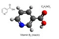 Chemical formula, structural formula and 3D ball-and-stick model of vitamin B3 niacin, white background