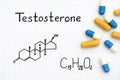 Chemical formula of Testosterone with pills. Royalty Free Stock Photo