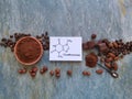 Chemical formula of theobromine with chocolate and cocoa powder. Foods high in theobromine include chocolate, cacao, coffee Royalty Free Stock Photo