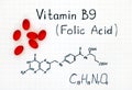 Chemical formula of Vitamin B9 Folic Acid with red pills.