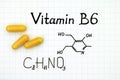 Chemical formula of Vitamin B6 with yellow pills. Royalty Free Stock Photo