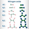 Chemical formulas and molecule model of nitrogen oxide: nitric oxide NO, nitrogen dioxide NO2, nitrous oxide N2O, dinitrogen