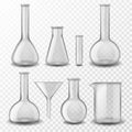 Chemical glass equipment. Laboratory glassware empty test tubes beaker and flask, medical lab experiment instruments 3d Royalty Free Stock Photo