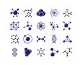 Chemical icons. Molecular formula structure. Molecule pictogram. Bio protein logo. DNA and atom. Chemistry science