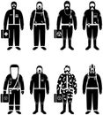 Chemical industry concept. Set of different silhouettes workers in differences protective suits on white background in flat style.