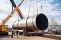 Chemical industry plant workers in work clothes using a crane to lift and transport large metal pipes in the facility