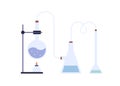 Chemical lab equipment. Glass flask, beaker, tube, holder and burner for heating liquid. Laboratory glassware for
