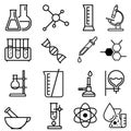 Chemical lab vector icons set. research illustration sign collection. Chemistry and biotechnology symbol. Royalty Free Stock Photo