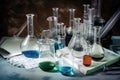 chemical laboratory, with beakers, test tubes, and scales for experiments Royalty Free Stock Photo