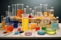 Chemical laboratory equipment arranged for microbiological experiments. Generative AI Royalty Free Stock Photo