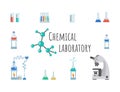 Chemical laboratory equipment banner template. Lab glassware, beakers, flasks and test tubes. Modern high precision Royalty Free Stock Photo