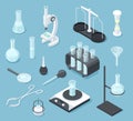 Chemical laboratory equipment isometric. Lab glasses drug testing chemicals microscope flask chemistry equipment