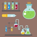 Chemical laboratory flask glassware tube liquid biotechnology analysis and medical scientific equipment chemistry lab Royalty Free Stock Photo