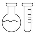 Chemical laboratory flasks thin line icon. Lab glass test tubes. Chemistry subject vector design concept, outline style Royalty Free Stock Photo