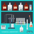 Chemical Laboratory. Flat design. Chemical glassware, measuring utensils, ion electrode, test pH paper, laboratory bench. Vector