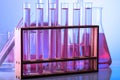 Chemical laboratory with glass test tubes and flasks Royalty Free Stock Photo