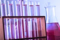 Chemical laboratory with glass test tubes and flasks Royalty Free Stock Photo