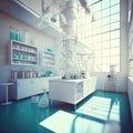 Chemical laboratory, a large bright room, many flasks, test tubes and instruments, science illustration