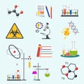 Chemical laboratory science and technology flat style design vector illustration icons. Workplace tools Royalty Free Stock Photo