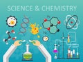 Chemical laboratory science and technology flat style design vector illustration. Scientists hands workplace concept.