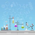 Chemical laboratory science and technology flat style design vector illustration. Workplace tools concept with formulas. Royalty Free Stock Photo