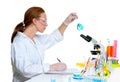 Chemical laboratory scientist woman with glass flask Royalty Free Stock Photo