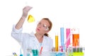 Chemical laboratory scientist woman with glass flask