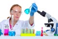 Chemical laboratory scientist woman with glass flask Royalty Free Stock Photo