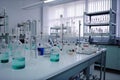 chemical laboratory, with specialized equipment and glassware for testing and analysis