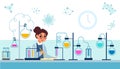 Chemical laboratory. Woman works in professional lab. Scientific employee sits at table with test tubes. Female Royalty Free Stock Photo