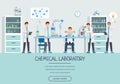 Chemical laboratory workers landing page template. Research group doing tests, studying liquids, substances cartoon