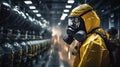 Chemical leak and safety first concept. Chemical specialist wear safety uniform and gas mask. Neural network ai