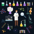 Chemical and menicine laboratory equipment icon set, tools vector. Royalty Free Stock Photo