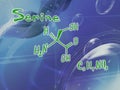 Chemical molecular formula of the amino acid serine a . Infographics. Abstract bright glitter blue background