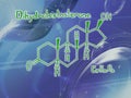 Chemical molecular formula of the hormone Dihydrotestosterone o . Infographics. Abstract bright glitter blue background