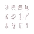 Chemical and physical test tubes, set of icons in cartoon style. Test tubes for experiments of scientists, science test