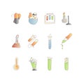 Chemical and physical test tubes, set of icons in cartoon style. Test tubes for experiments of scientists, science test