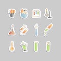 Chemical and physical test tubes, set of icons in cartoon style. Test tubes for experiments of scientists, science test