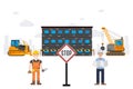 Chemical plant destruction tracked result vector illustration. Stop sign in front working object excavator near