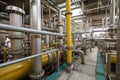 chemical plant, with pipes and valves operating, producing necessary chemical products