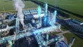 Chemical Plant produces gasoline and mineral fertilisers. Blue lines particles motiongraphics design illustrate energy