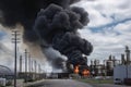 chemical plant, with smoke billowing from stacks and flames visible Royalty Free Stock Photo