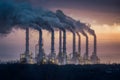 Chemical plant smokestacks emit toxic haze, towering ominously into sky