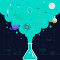 Chemical reaction smoke out form beaker glass with science knowledge stuff icon vector illustration