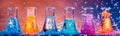 chemical reactions taking place in a laboratory setting, with colorful liquids bubbling and fizzing in glassware.