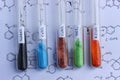 Chemical reagents. Colored inorganic salts in test tubes.