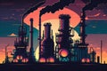 chemical refinery plant at dusk with glowing smokestacks and machinery Royalty Free Stock Photo