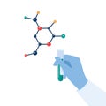 Chemical Researcher\'s hand in a rubber glove holding test tube with some substance. Laboratory